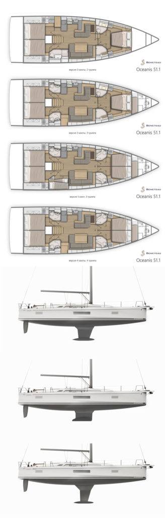 Планировка интерьера и варианты килей парусной яхты Oceanis 51.1